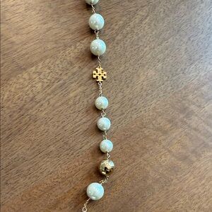 Elegant Tory Burch Faux Gold and Pearl Necklace. 40” long. EUC